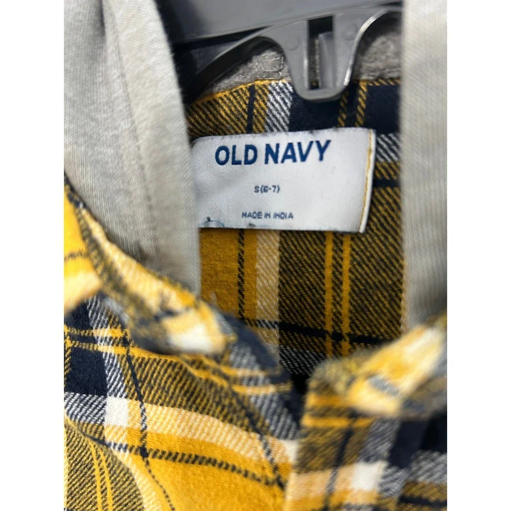 Old Navy Boys Yellow Plaid Hooded Flannel Shirt Long Sleeve Size S 6-7 Button Up